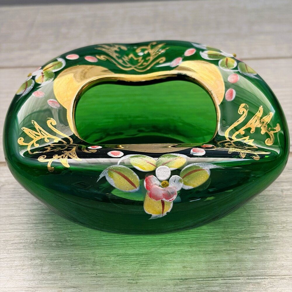 Vintage Trinket Dish/Ashtray Czech Blown Glass Green Hand painted Flowers